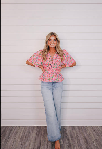 “Breezy Basics” Pink/Floral Smocked Top