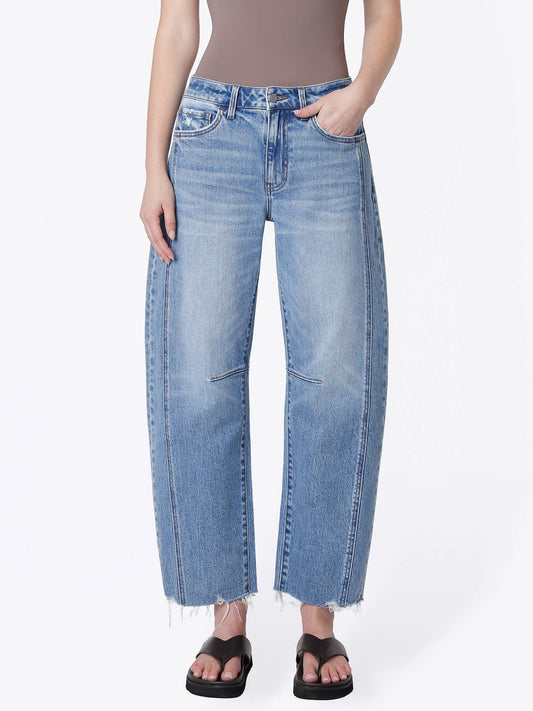 “Clara” HIGH RISE RAW HEM SEAM DETAIL BARREL JEANS
