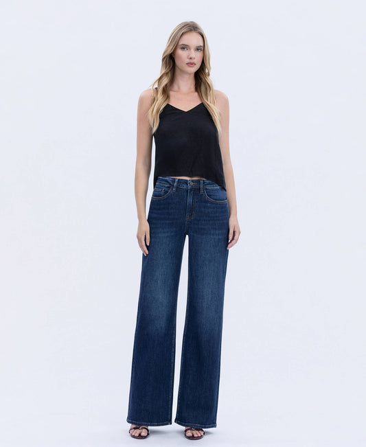 “Kallie” SUPER HIGH RISE FULL LENGTH DARK WASH WIDE JEANS