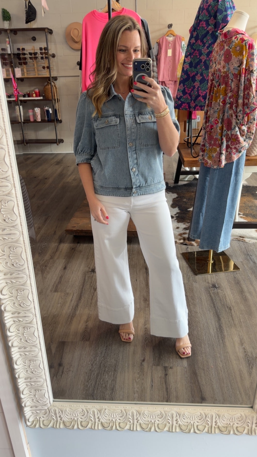 "Forgiven and Free" Denim Short Puff Sleeve Jacket