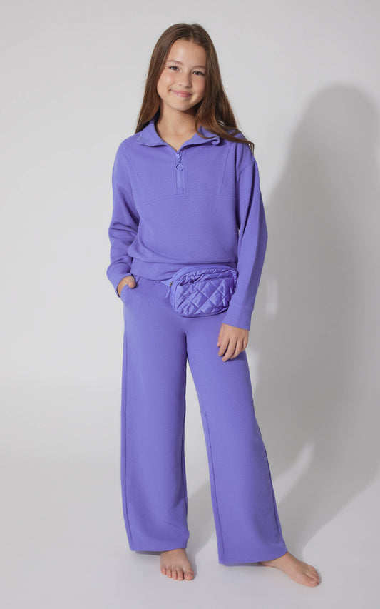 Tween Girls Soft Rib Half Zip, Wide Pants, and Waist bag Set
