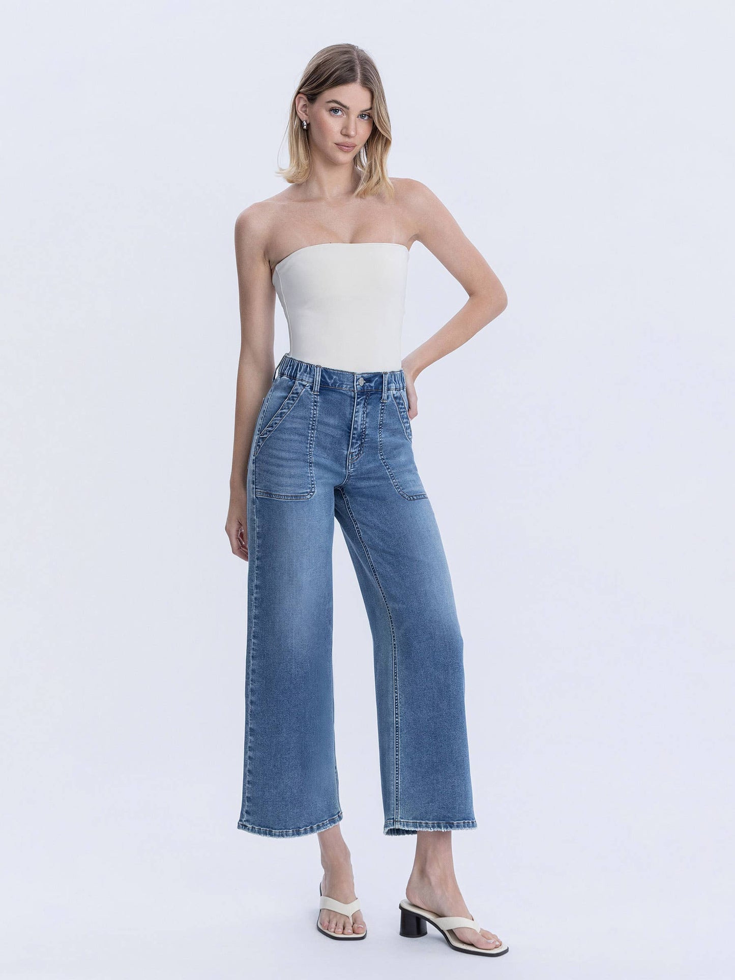 “Kassie” HIGH RISE ELASTIC WAISTBAND ANKLE BAGGY WIDE JEANS