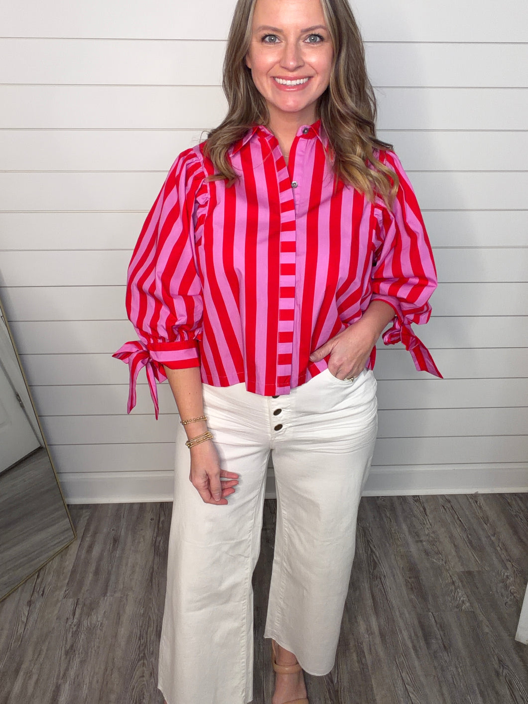 "Morning Dew" Red/Pink Puff Sleeve Top