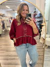 "Take It Easy" Maroon/ Leopard Trimmed Top