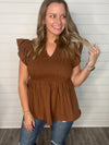"High Road" Brown Smocked Bodice Top