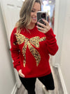 "No Joke" Leopard Print Bow Sequin Sweater