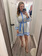 “Softly in Season” Blue Striped Belted Dress