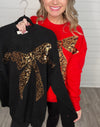 "No Joke" Leopard Print Bow Sequin Sweater