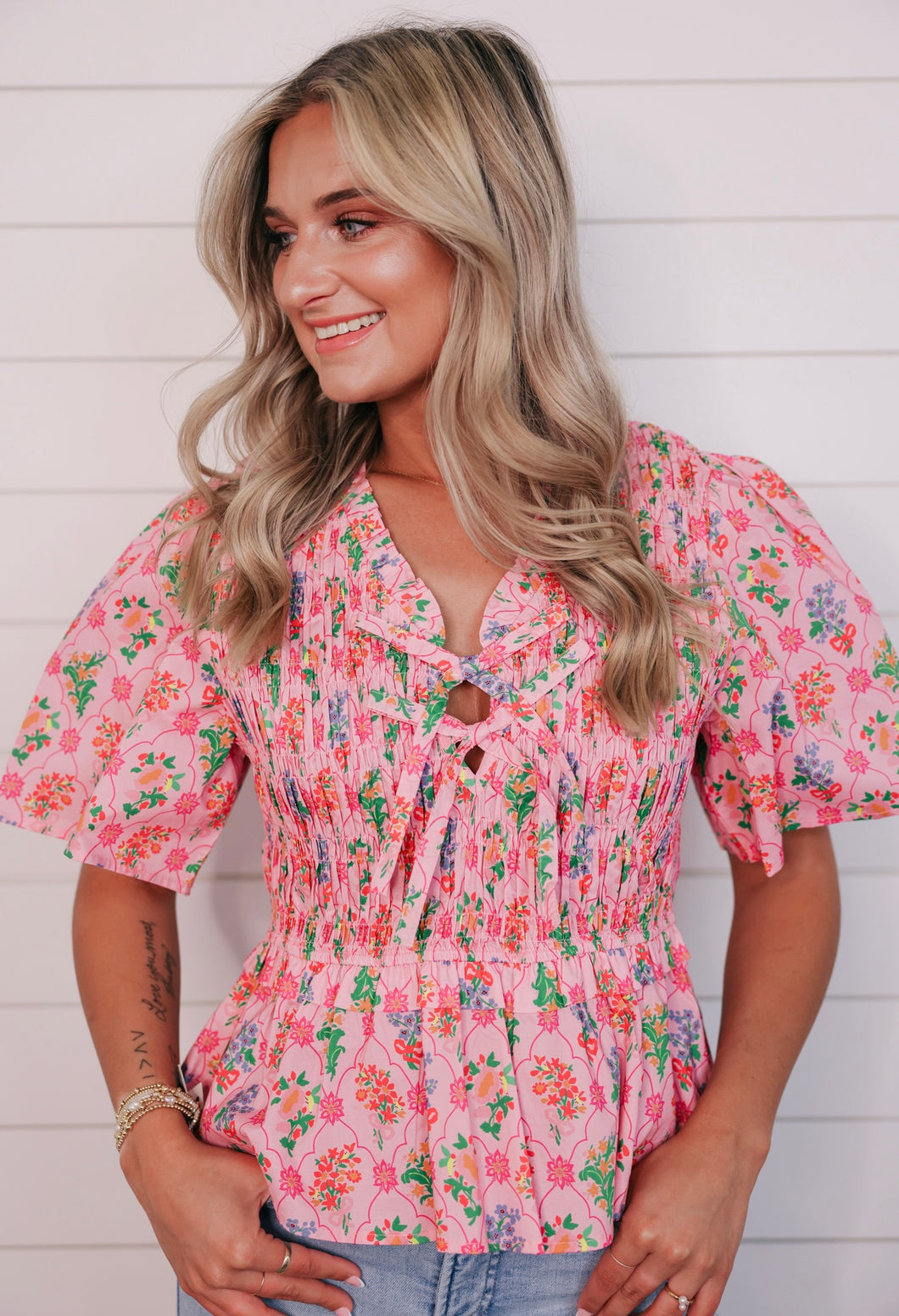 “Breezy Basics” Pink/Floral Smocked Top