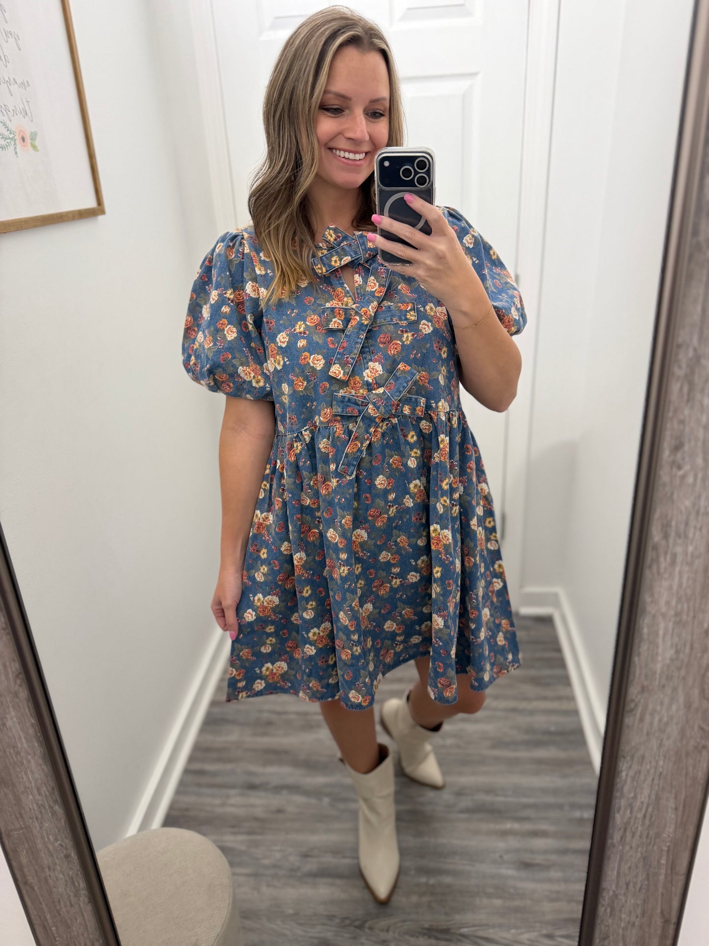 "Music Hall" Denim Floral Dress