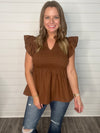 "High Road" Brown Smocked Bodice Top