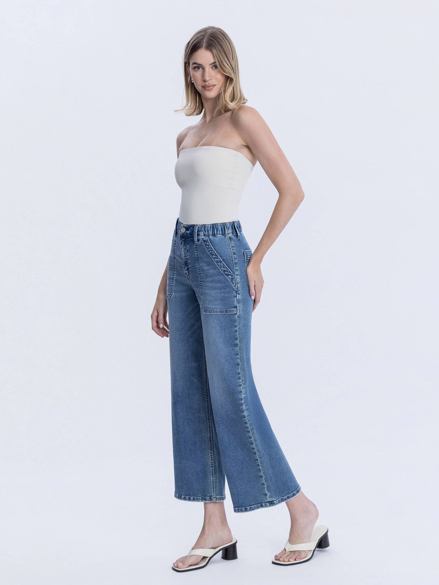 “Kassie” HIGH RISE ELASTIC WAISTBAND ANKLE BAGGY WIDE JEANS