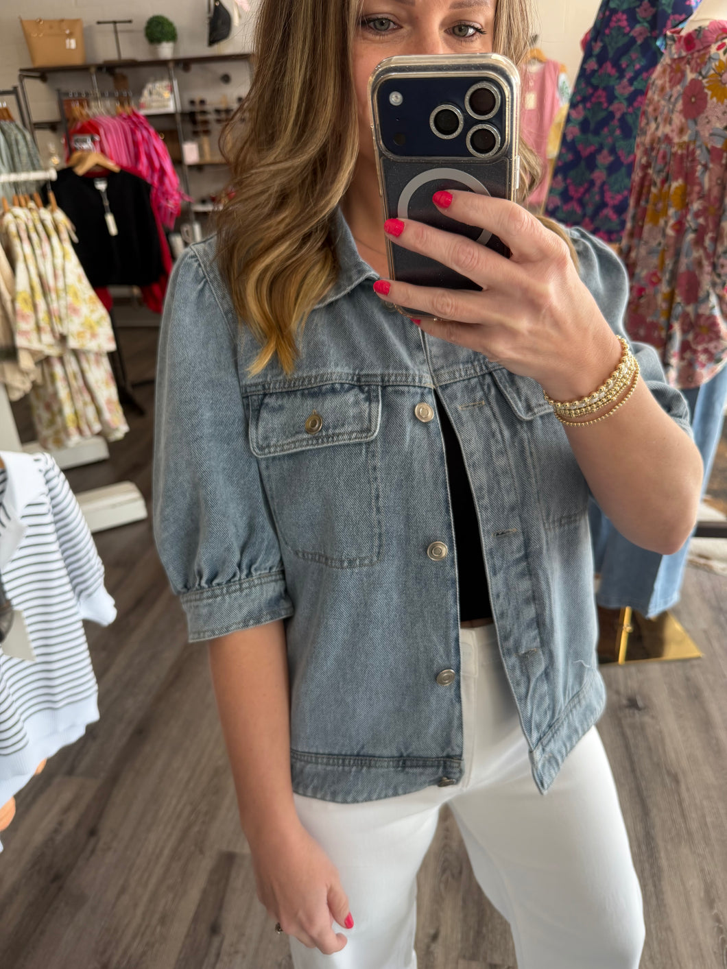 "Forgiven and Free" Denim Short Puff Sleeve Jacket