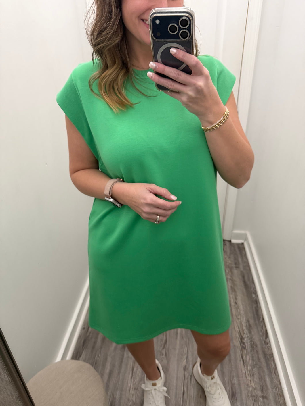 “Freshly Brewed” Green Cap Sleeve Dress