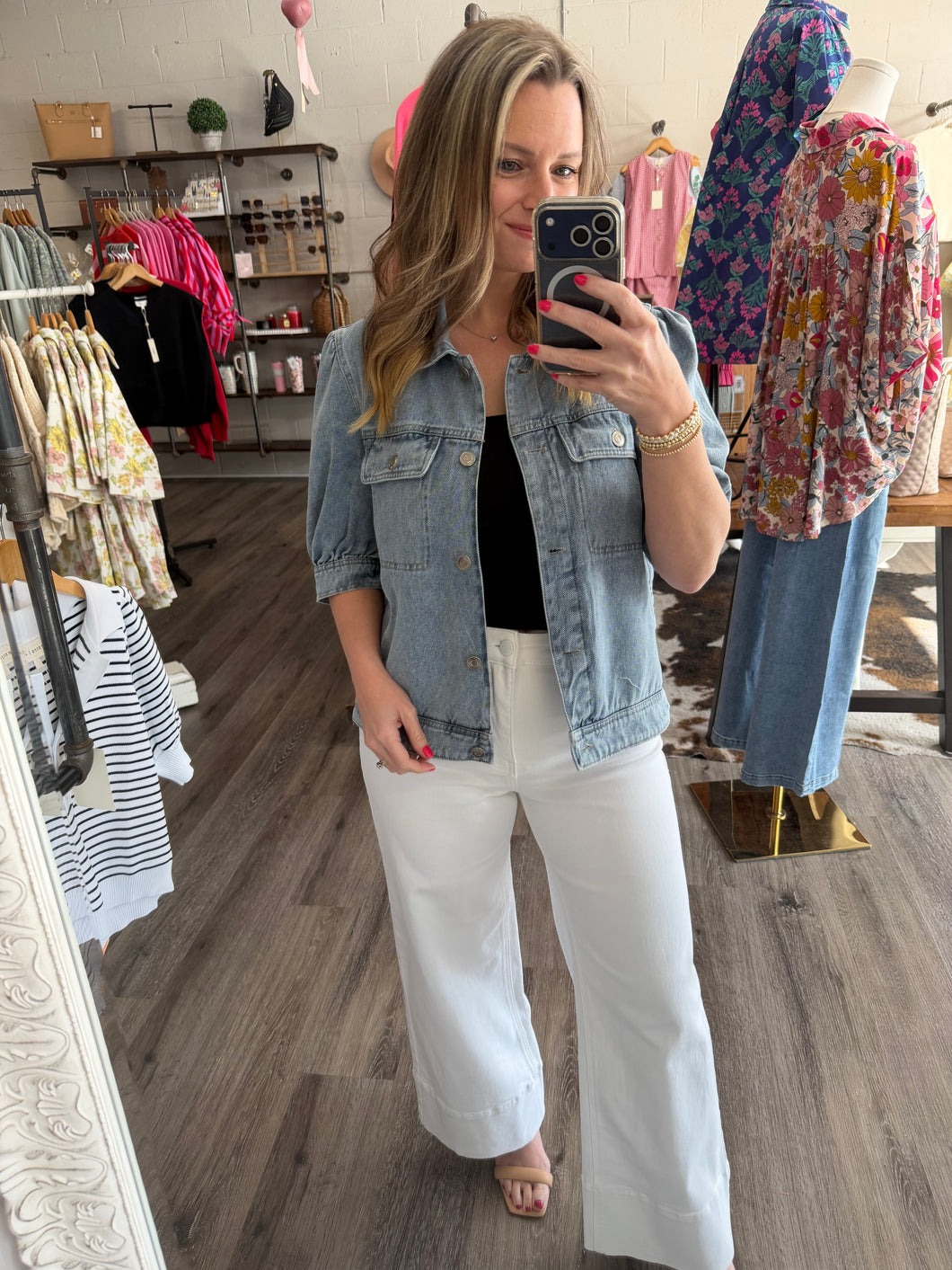 "Forgiven and Free" Denim Short Puff Sleeve Jacket