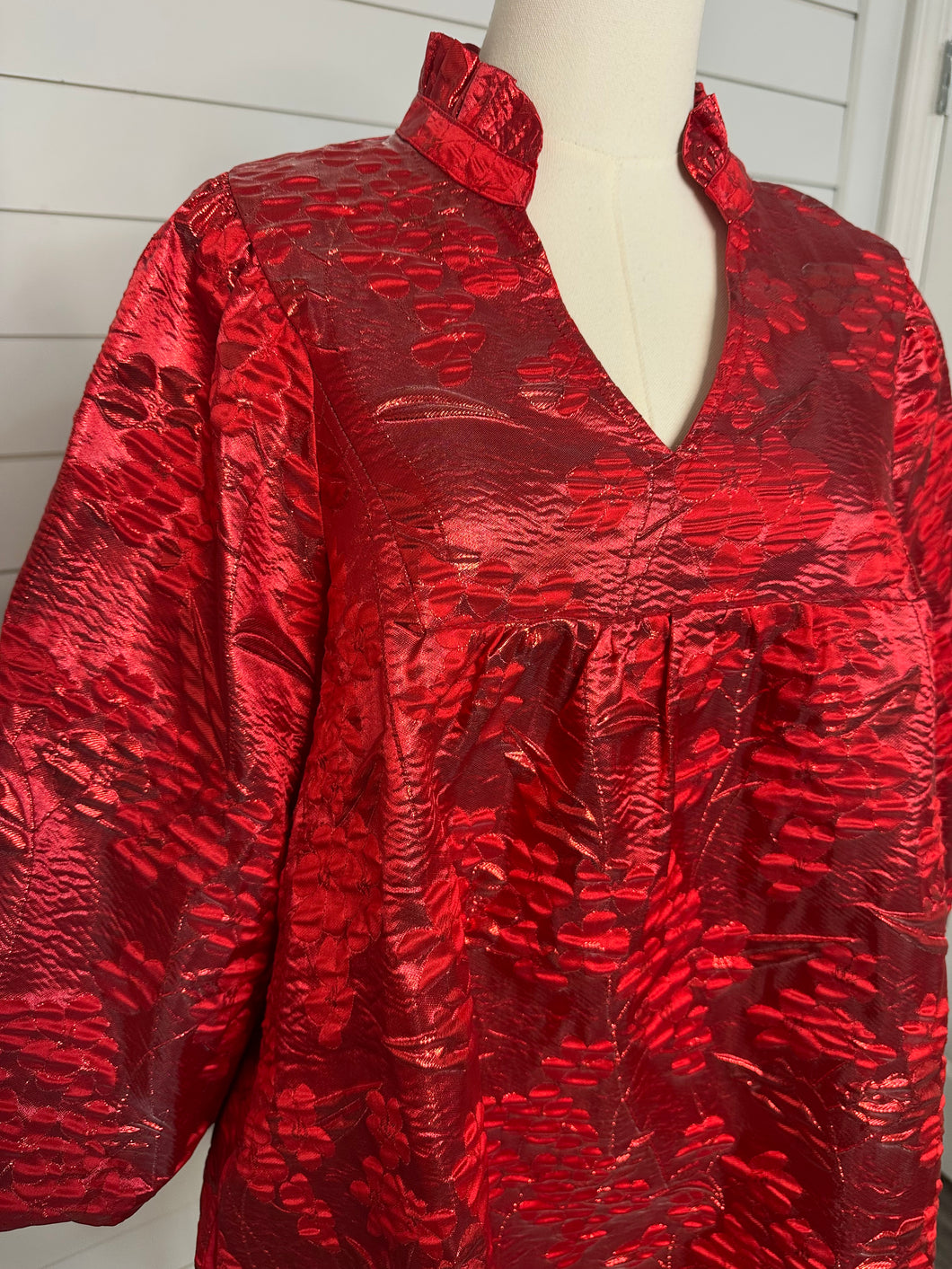 "Holi-Daze" Red Ruffle Neck Jacquard Dress