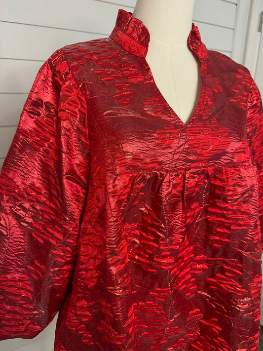 "Holi-Daze" Red Ruffle Neck Jacquard Dress