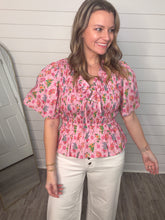 “Breezy Basics” Pink/Floral Smocked Top