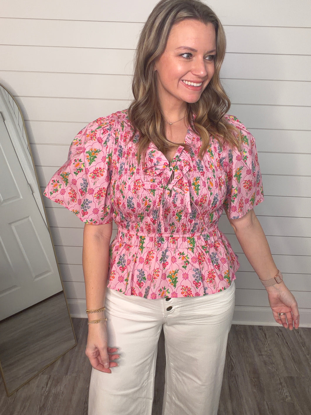 “Breezy Basics” Pink/Floral Smocked Top