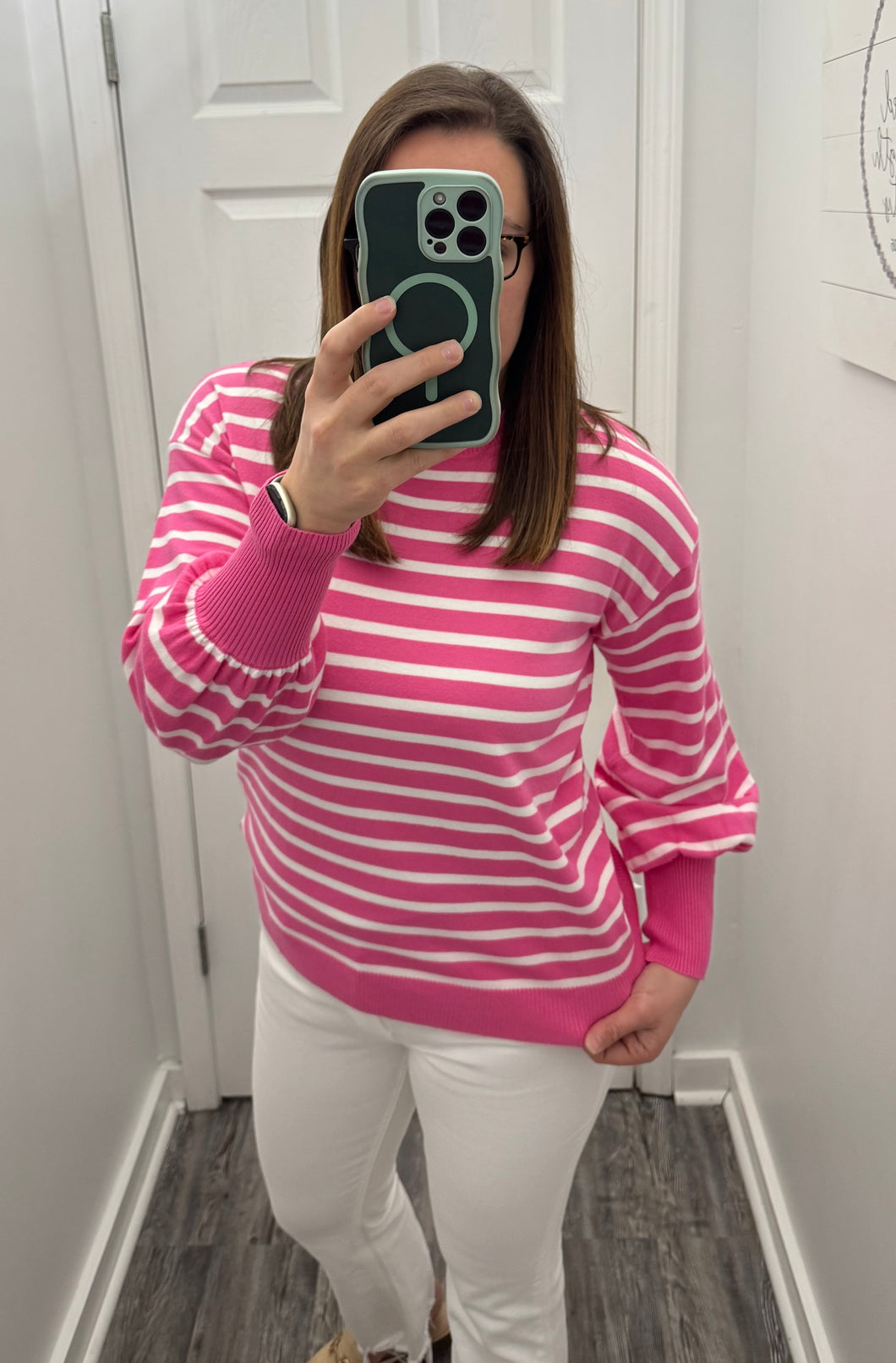 “Love Story” Balloon Sleeve Striped Sweater