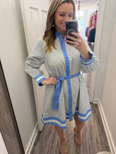 “Softly in Season” Blue Striped Belted Dress