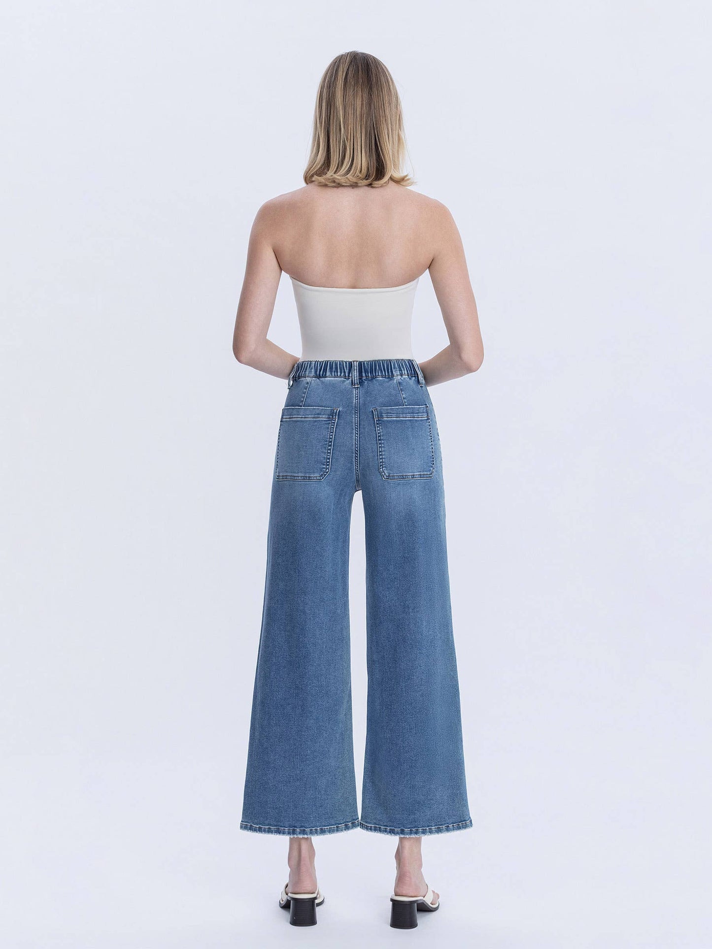 “Kassie” HIGH RISE ELASTIC WAISTBAND ANKLE BAGGY WIDE JEANS