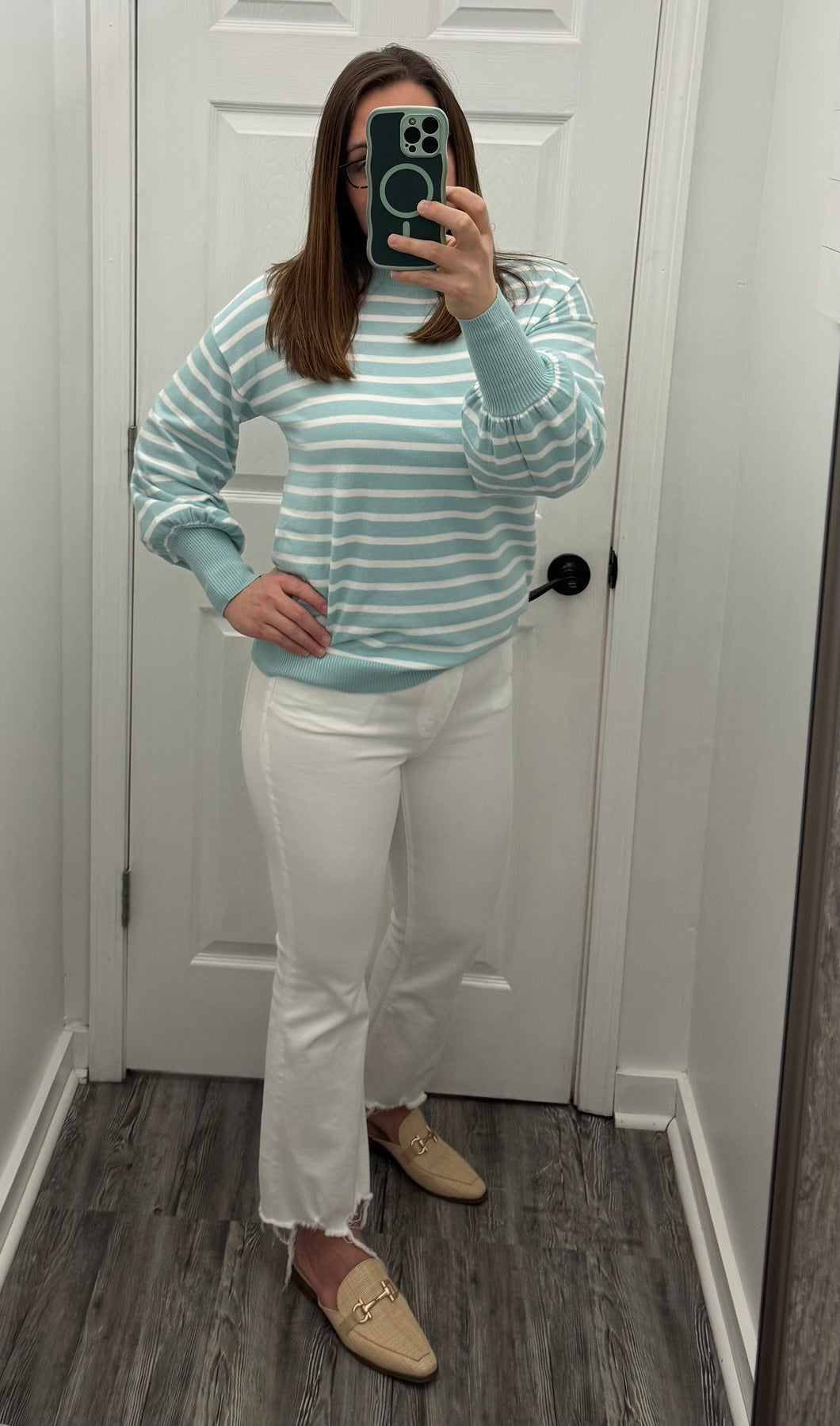 “Love Story” Balloon Sleeve Striped Sweater