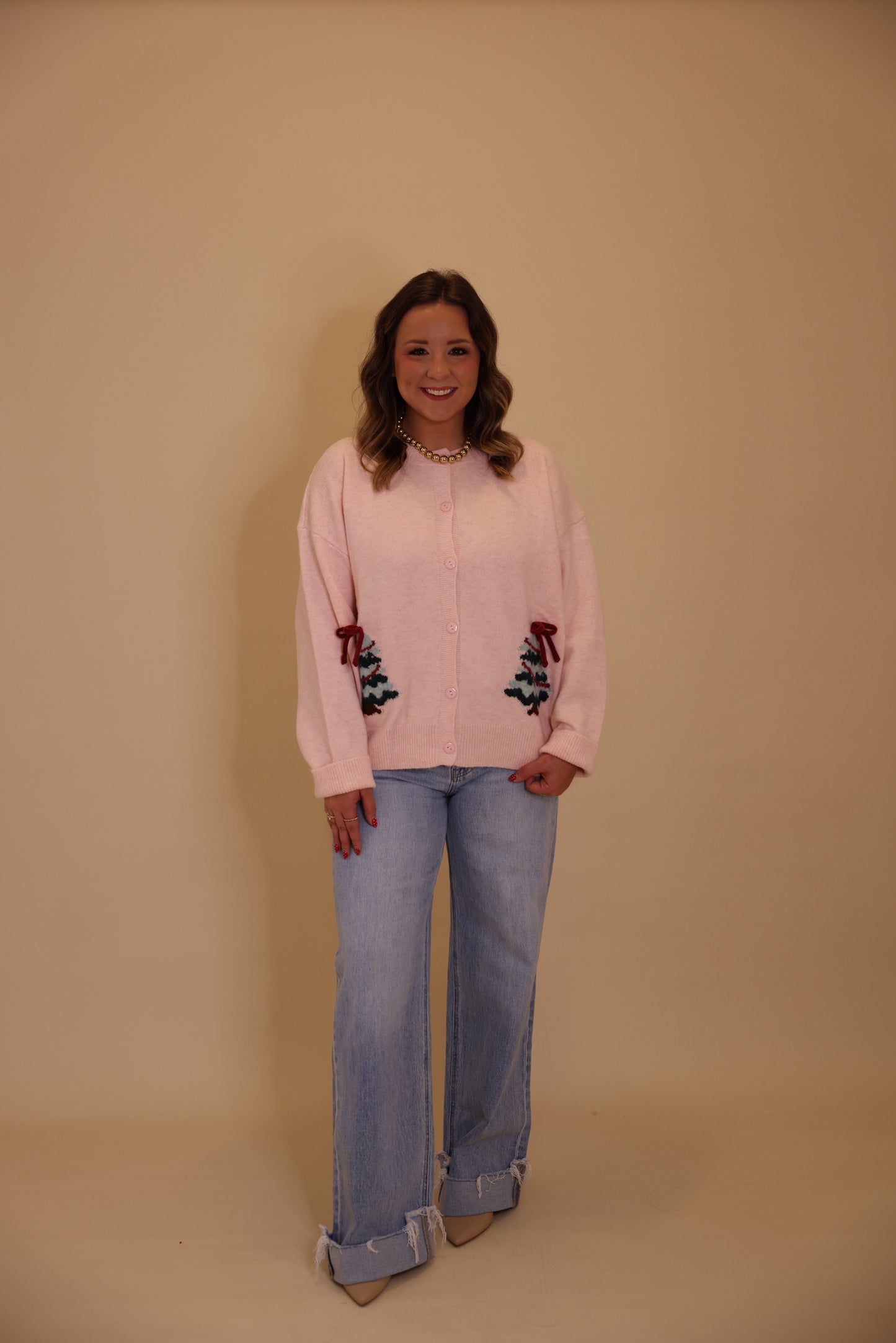 KNIT SWEATER CARDIGAN WITH CHRISTMAS RIBBON TREE