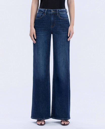 “Kallie” SUPER HIGH RISE FULL LENGTH DARK WASH WIDE JEANS