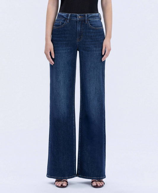 “Kallie” SUPER HIGH RISE FULL LENGTH DARK WASH WIDE JEANS