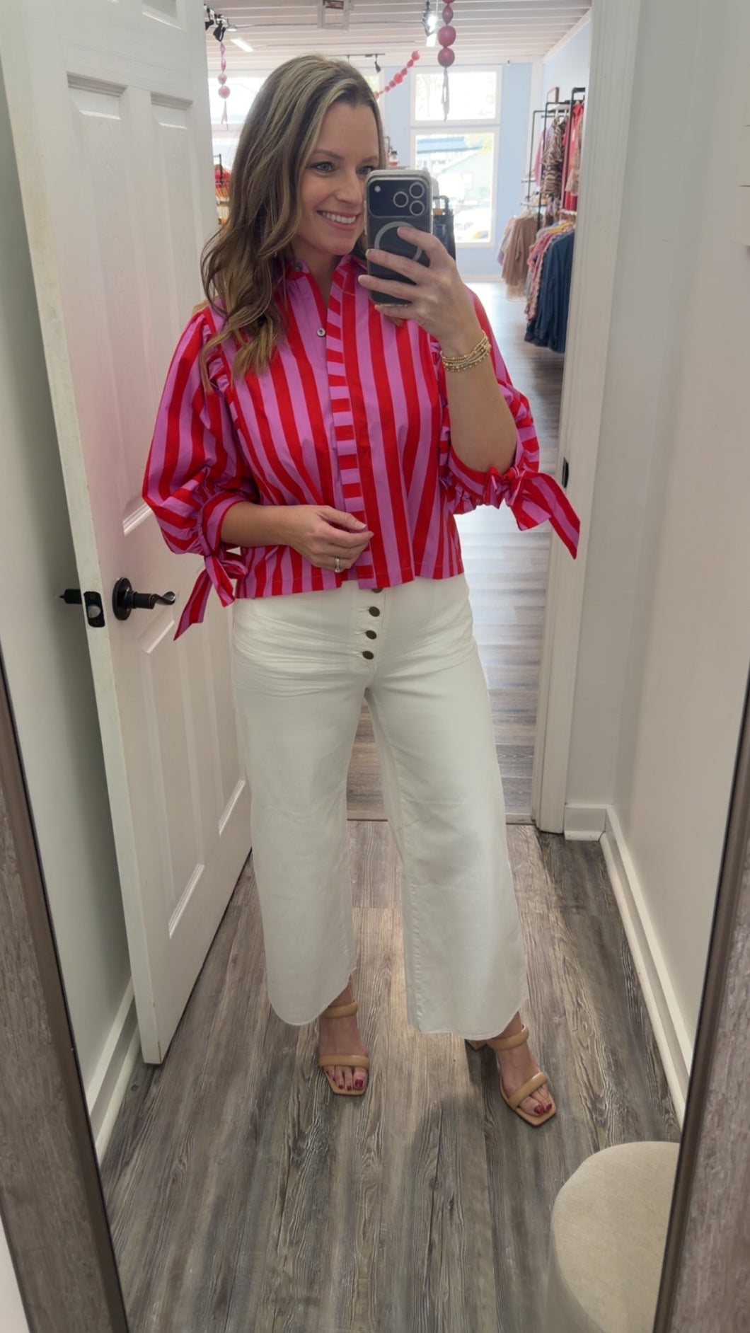 "Morning Dew" Red/Pink Puff Sleeve Top