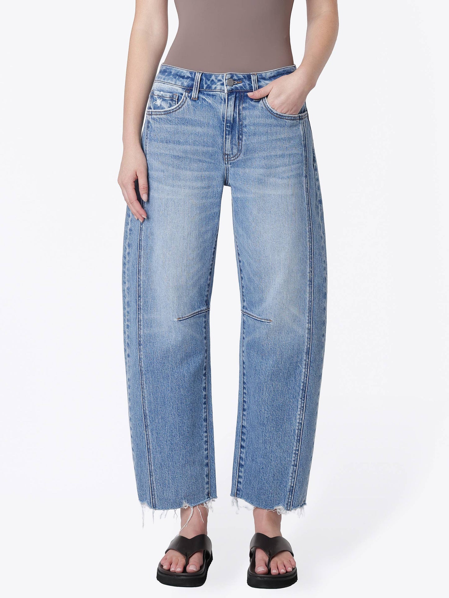 “Clara” HIGH RISE RAW HEM SEAM DETAIL BARREL JEANS
