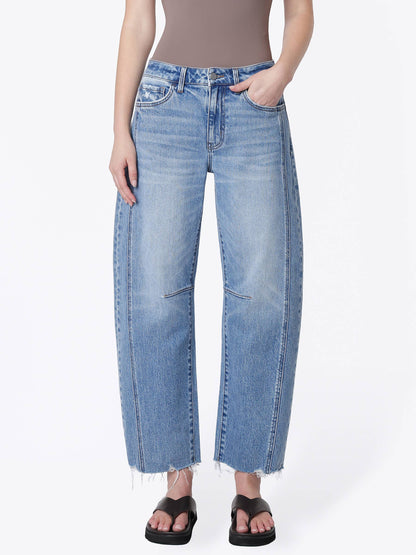 “Clara” HIGH RISE RAW HEM SEAM DETAIL BARREL JEANS
