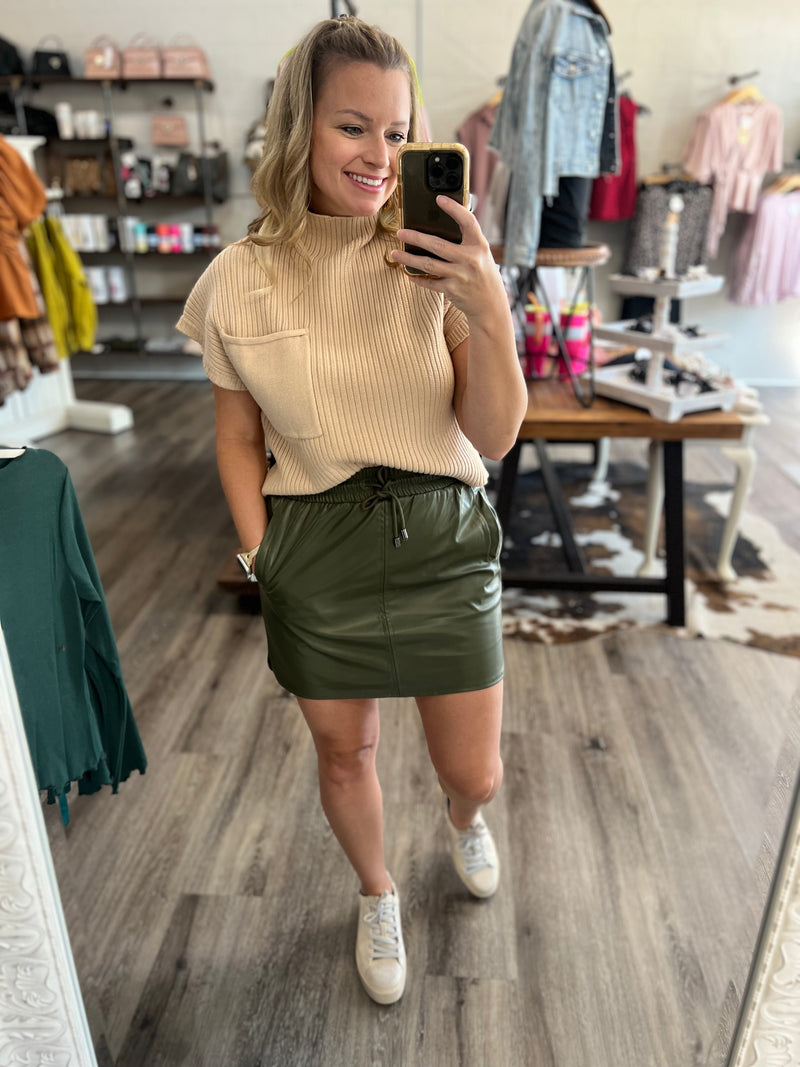 スカート Dark Olive Green Front Zipper Leather Skirt My Perspective