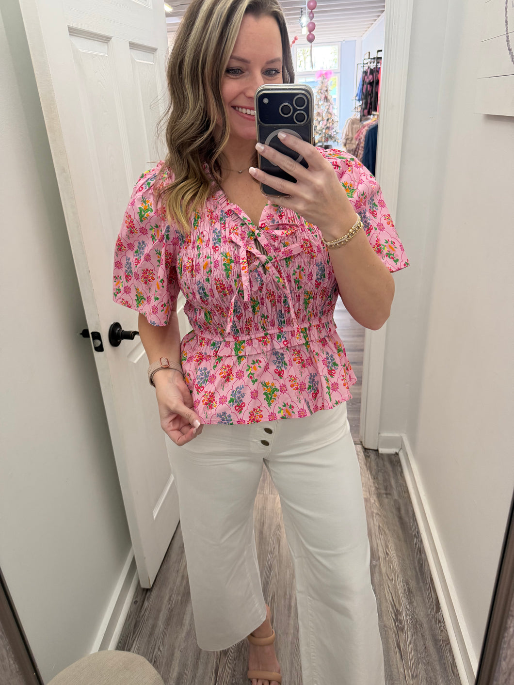 “Breezy Basics” Pink/Floral Smocked Top