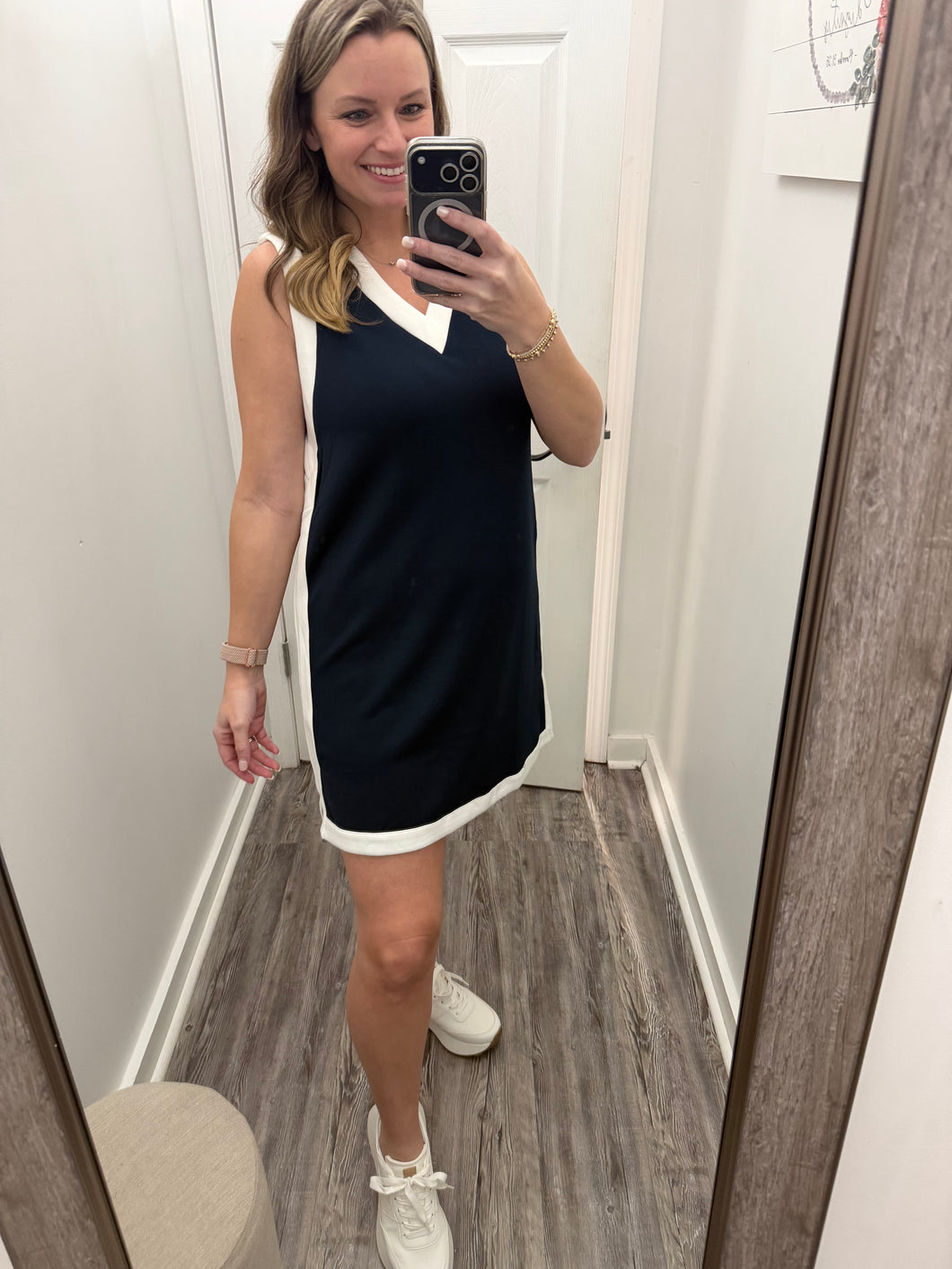 “Sun’s Out” Navy/ White trim Dress