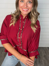 "Take It Easy" Maroon/ Leopard Trimmed Top