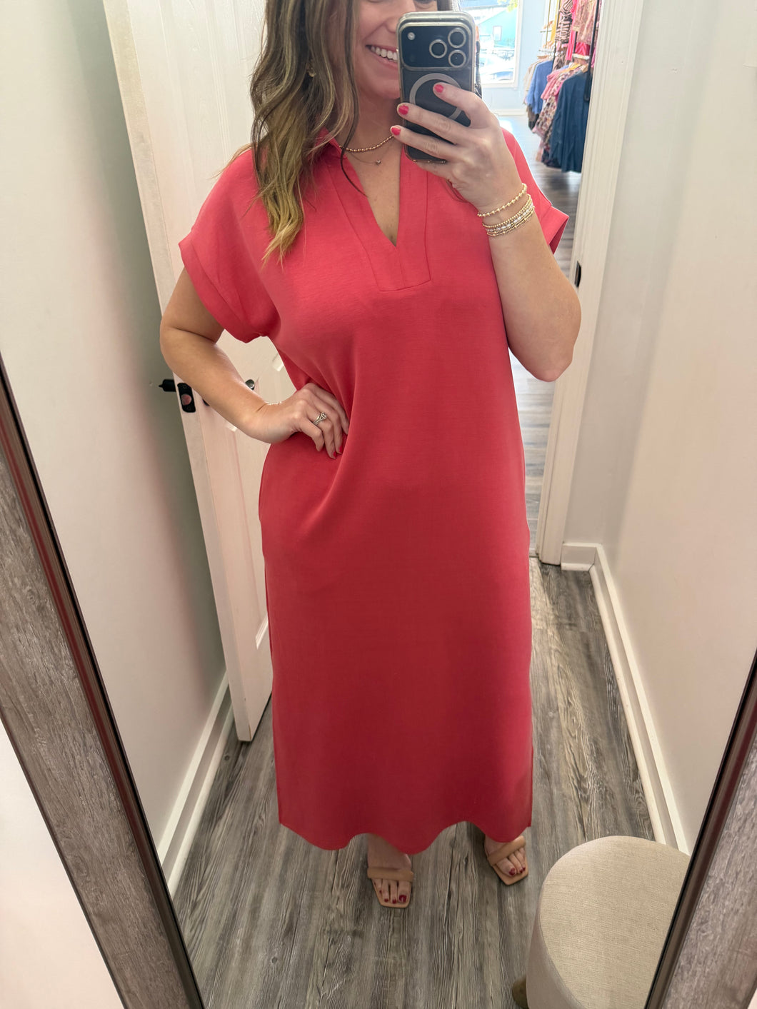 “Fresh Grace” Coral Midi Dress