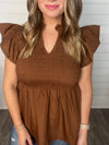 "High Road" Brown Smocked Bodice Top