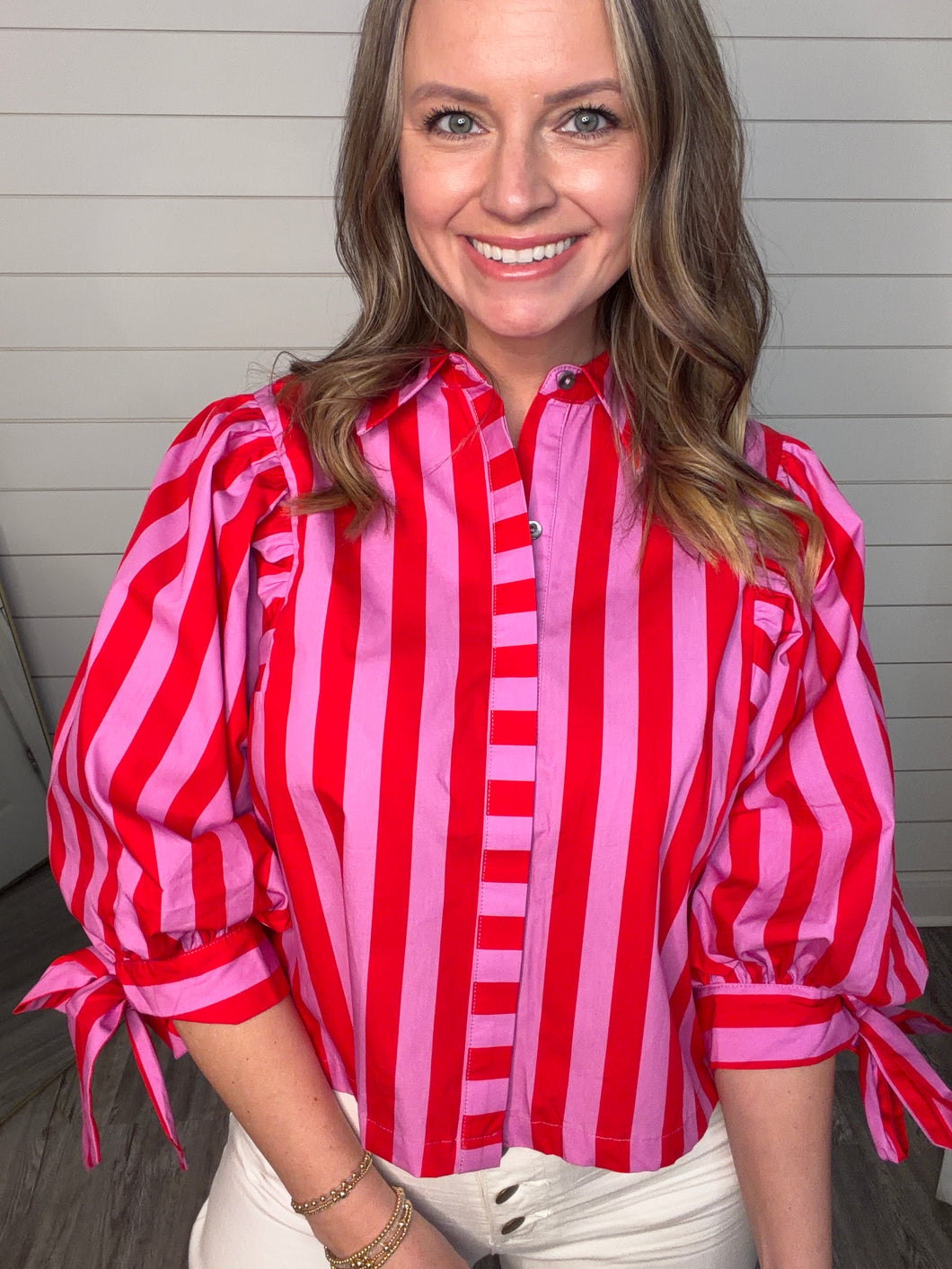 "Morning Dew" Red/Pink Puff Sleeve Top