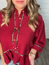 "Take It Easy" Maroon/ Leopard Trimmed Top
