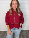 "Take It Easy" Maroon/ Leopard Trimmed Top