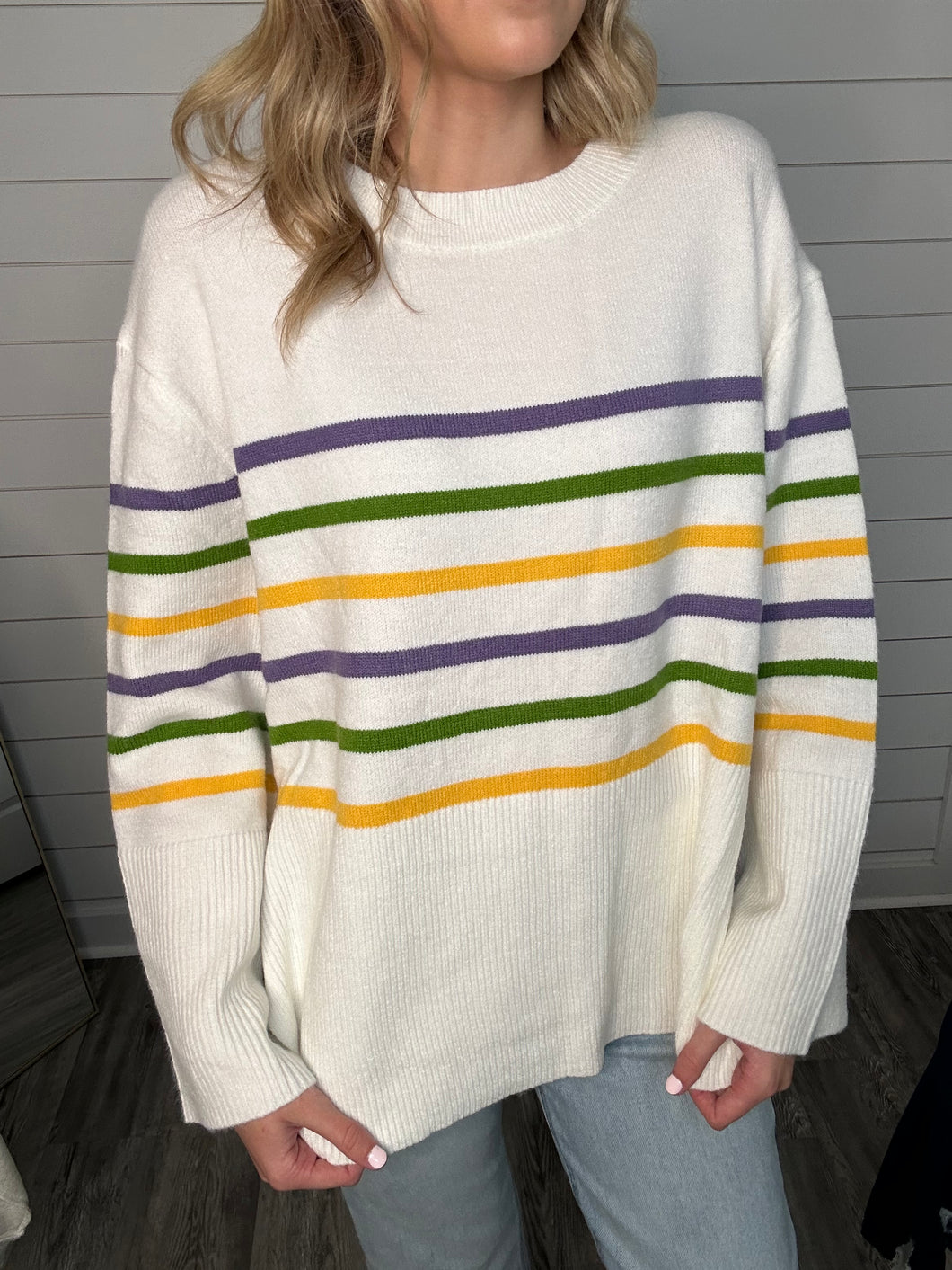 "Throw me something" Striped Sweater