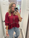 "Take It Easy" Maroon/ Leopard Trimmed Top
