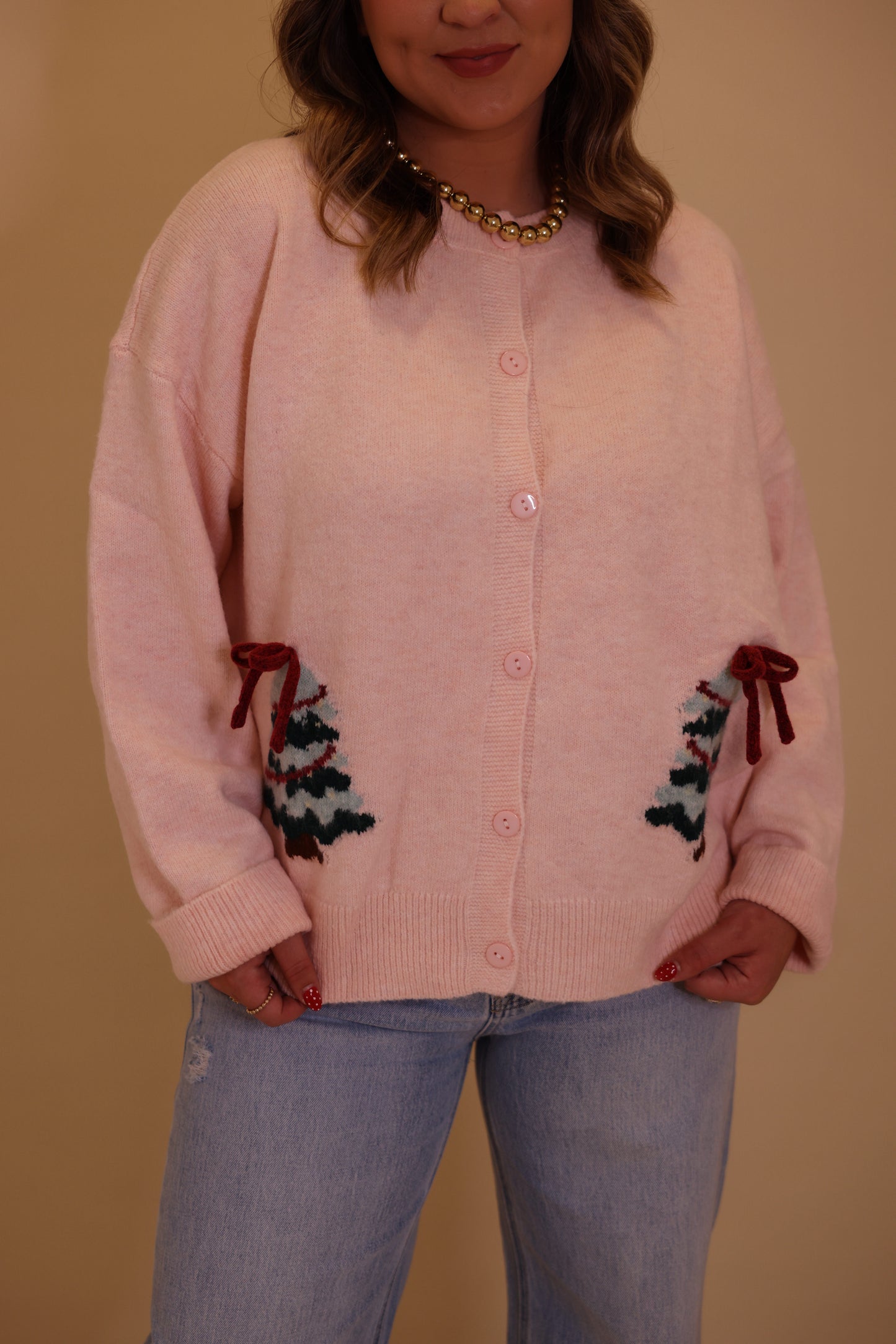 KNIT SWEATER CARDIGAN WITH CHRISTMAS RIBBON TREE