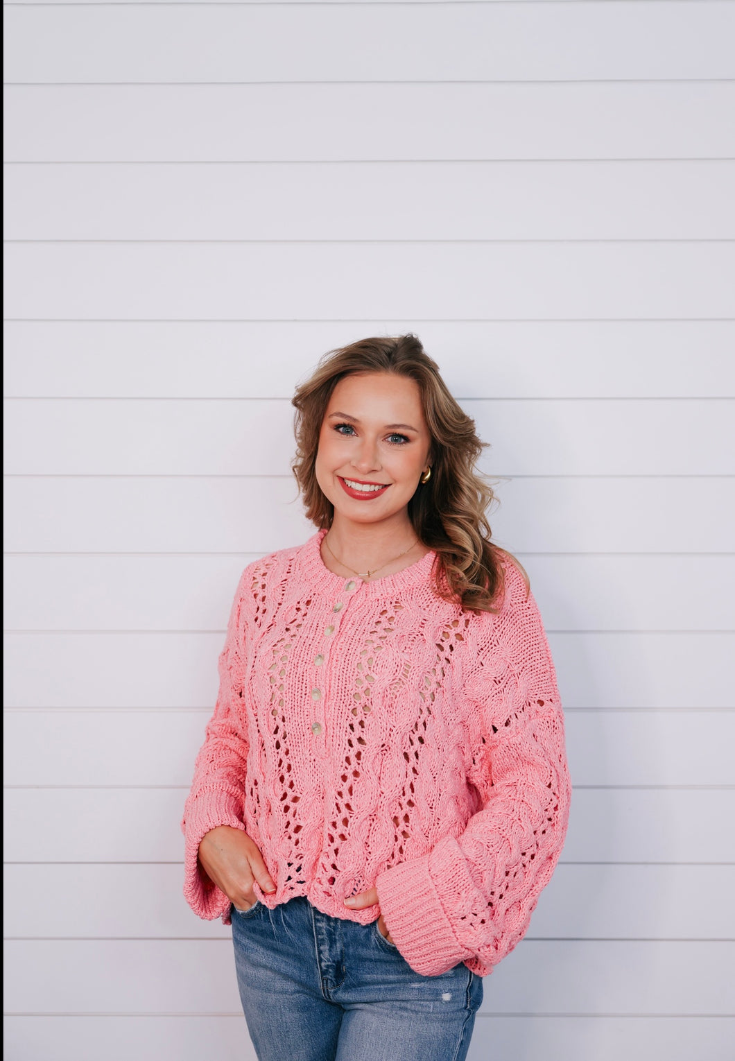 "Golden Hour" Pink Open Knit Sweater