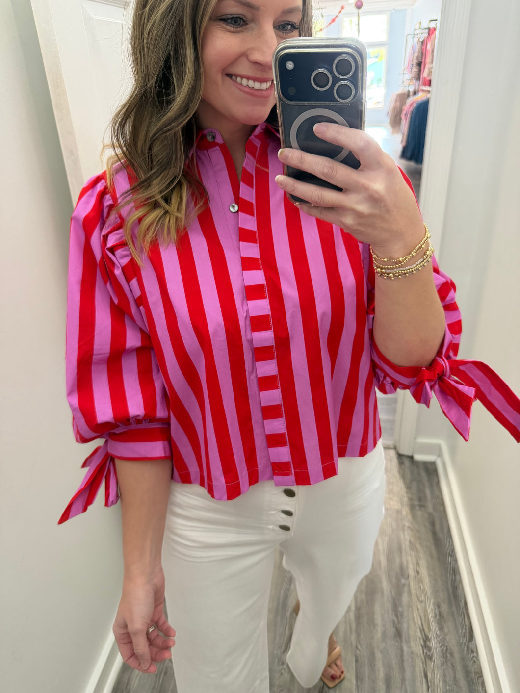 "Morning Dew" Red/Pink Puff Sleeve Top