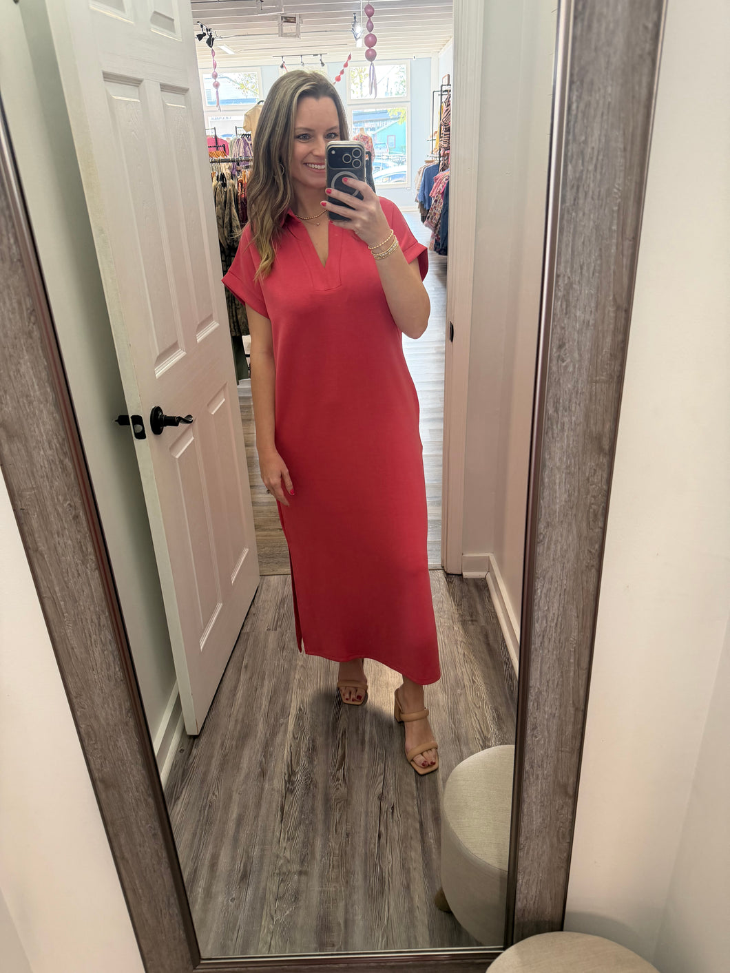 “Fresh Grace” Coral Midi Dress