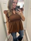 "High Road" Brown Smocked Bodice Top
