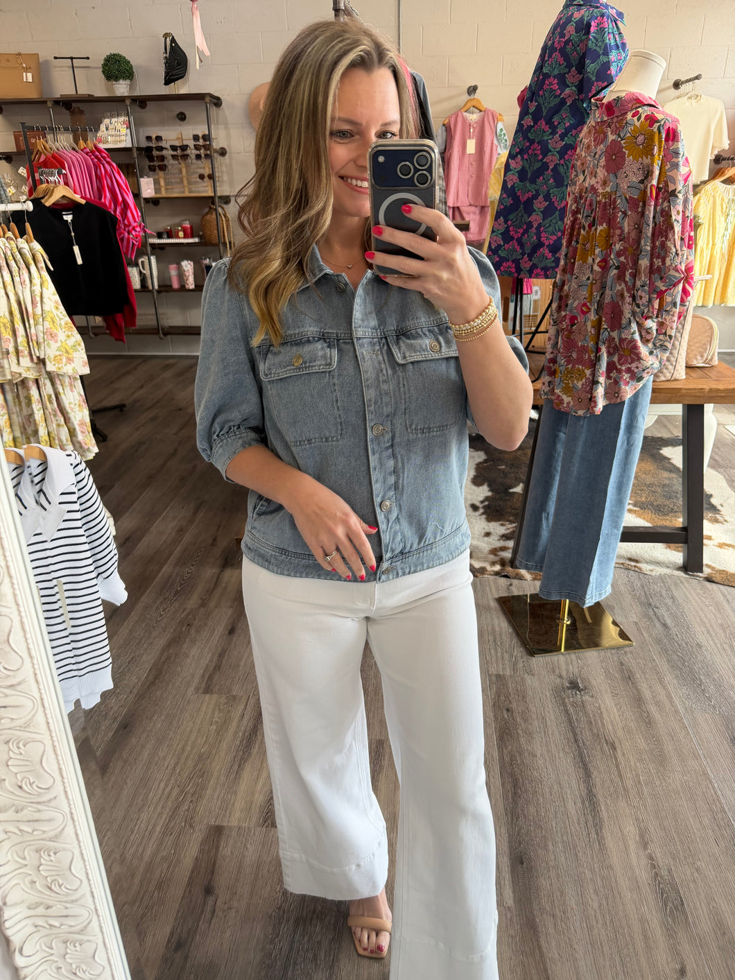 "Forgiven and Free" Denim Short Puff Sleeve Jacket